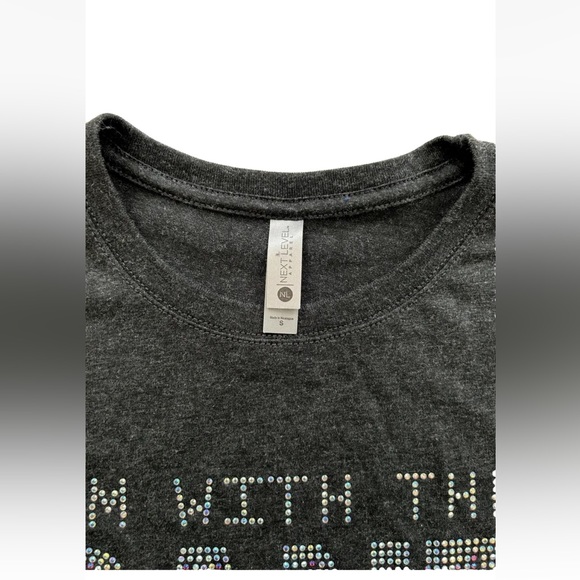 ‘I’m With The Band’ Rhinestone T Shirt in Dark Charcoal Grey, NWOT New- Size XS - Picture 5 of 6